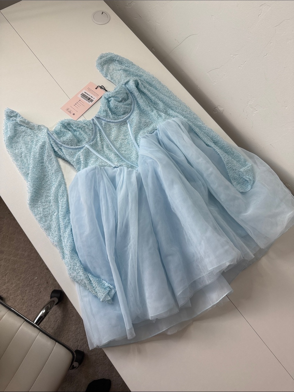Light Blue Long-Sleeve Beaded Tulle Mini Dress Oh Polly Calliope - Picture 5 of 9